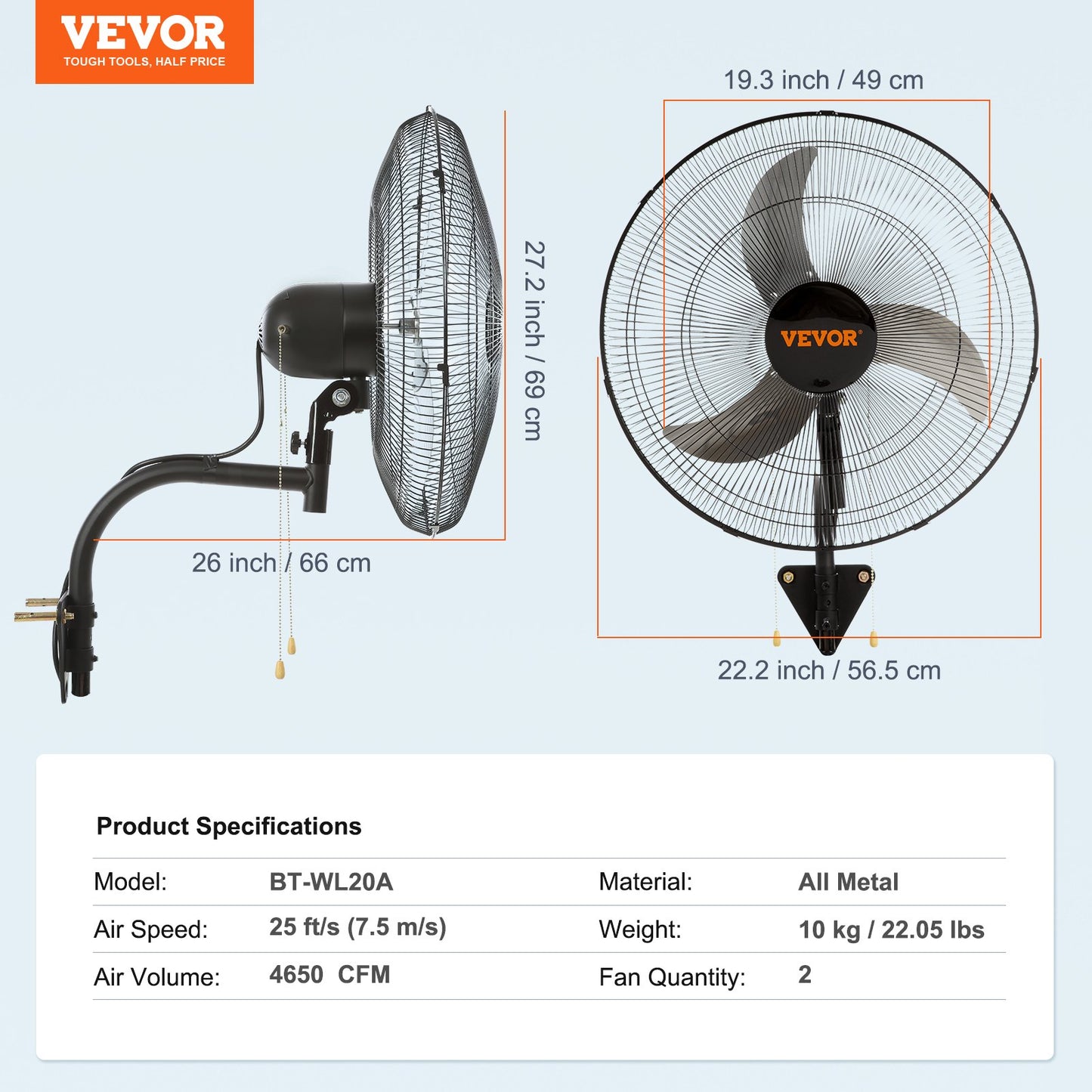 Wall Mount Fan, 2 PCS 20 inch Oscillating, 3-speed High Velocity Max. 4000 CFM Industrial Wall Fan for Indoor, Commercial, Residential, Warehouse, Greenhouse, Workshop, Basement, Garage,Black