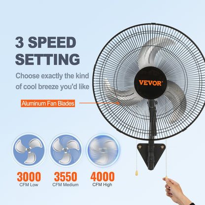 Wall Mount Fan, 18 Inch, 3-speed High Velocity Max. 4000 CFM Oscillating Industrial Wall Fan, Commercial or Residential for Warehouse, Greenhouse, Workshop, Patio, Basement, Black, ETL Listed