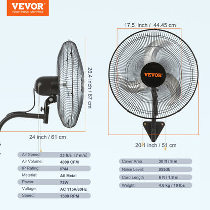 Wall Mount Fan, 18 Inch, 3-speed High Velocity Max. 4000 CFM Oscillating Industrial Wall Fan, Commercial or Residential for Warehouse, Greenhouse, Workshop, Patio, Basement, Black, ETL Listed