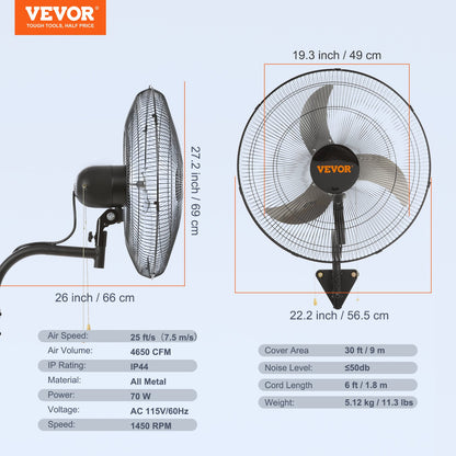 Wall Mount Fan, 20 Inch, 3-speed High Velocity Max. 4650 CFM Oscillating Industrial Wall Fan, Commercial or Residential for Warehouse, Greenhouse, Workshop, Patio, Basement, Black, ETL Listed