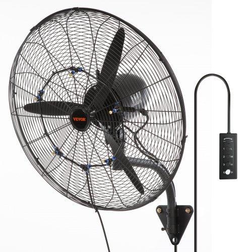 Wall-Mount Misting Fan, 24 Inch, 3-speed High Velocity Max. 7000 CFM, Waterproof Oscillating Industrial Wall Fan, Commercial or Residential for Warehouse, Greenhouse, Workshop, Black, ETL Listed