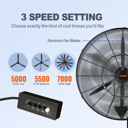 24" Oscillating wall mist fan metal 3 speeds 115W