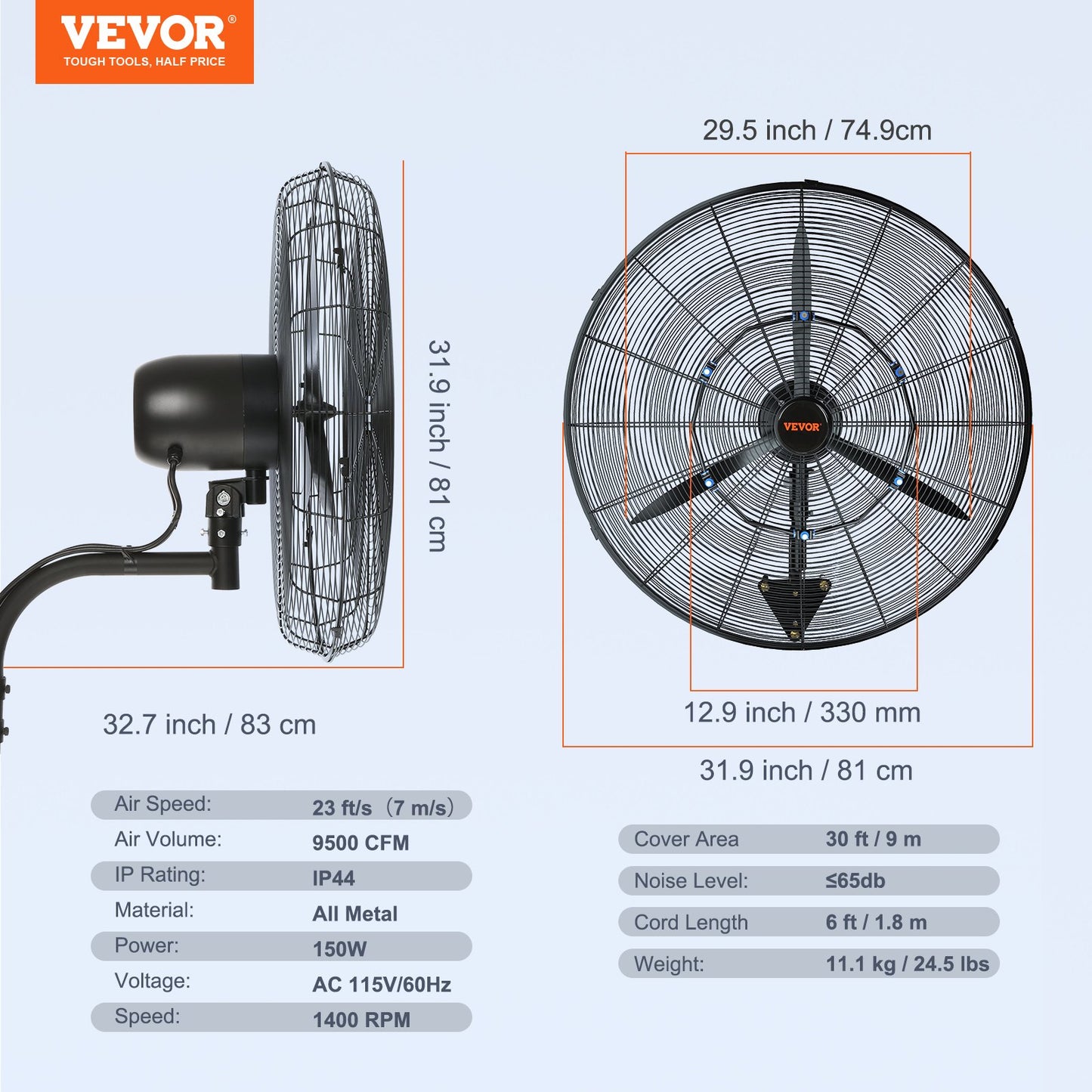 Oscillating Wall Mist Fan Metal 74.9 cm 3 Speeds