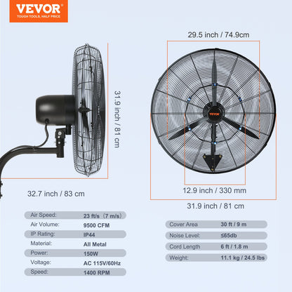 Oscillating Wall Mist Fan Metal 74.9 cm 3 Speeds