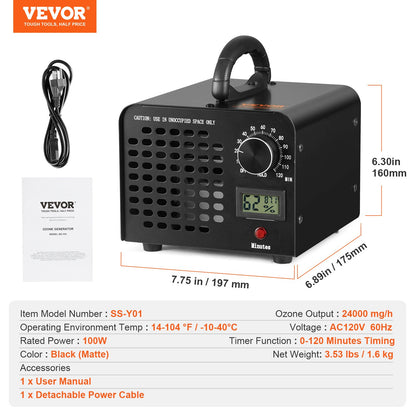 Ozone Generator, 24000mg/h Ozone Machine Odor Remover, High Capacity Commercial/Industrial Ozone Generator Machine, Home Air Ionizers Deodorizer with 0-120 min Time Setting for Rooms, Cars, Pets