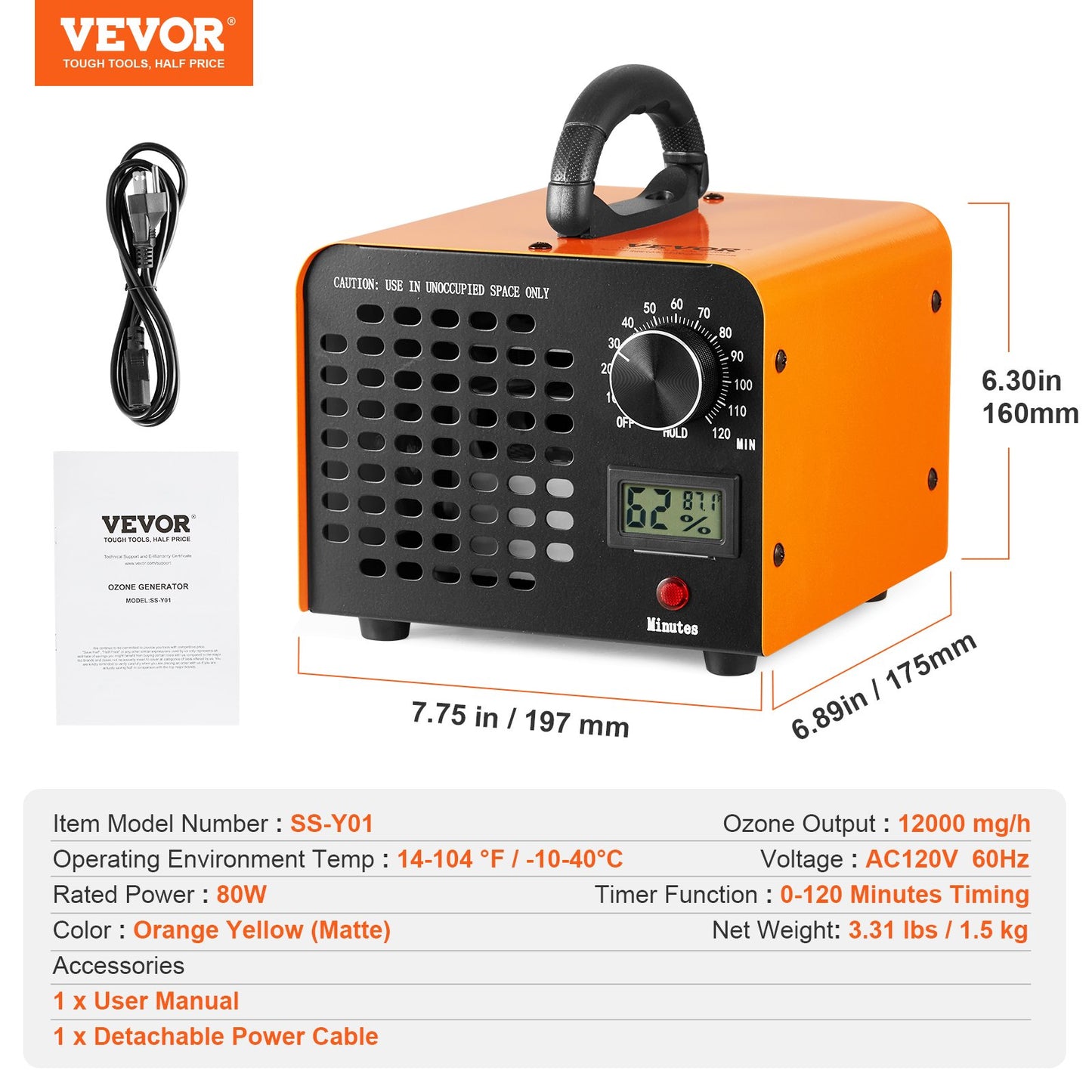 Ozone Generator, 12000mg/h Ozone Machine Remover, High Capacity Commercial/Industrial Ozone Generator Machine, Home Air Ionizers Deodorizer with 0-120 min Time Setting for Rooms, Cars, Pets