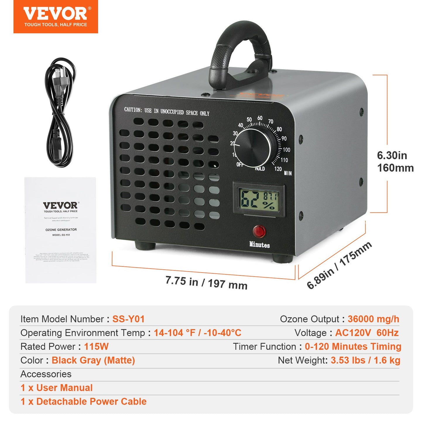 Ozone Generator, 36000mg/h Ozone Machine Odor Remover, High Capacity Commercial/Industrial Ozone Generator Machine, Home Air Ionizers Deodorizer with 0-120 min Time Setting for Rooms, Cars, Pets