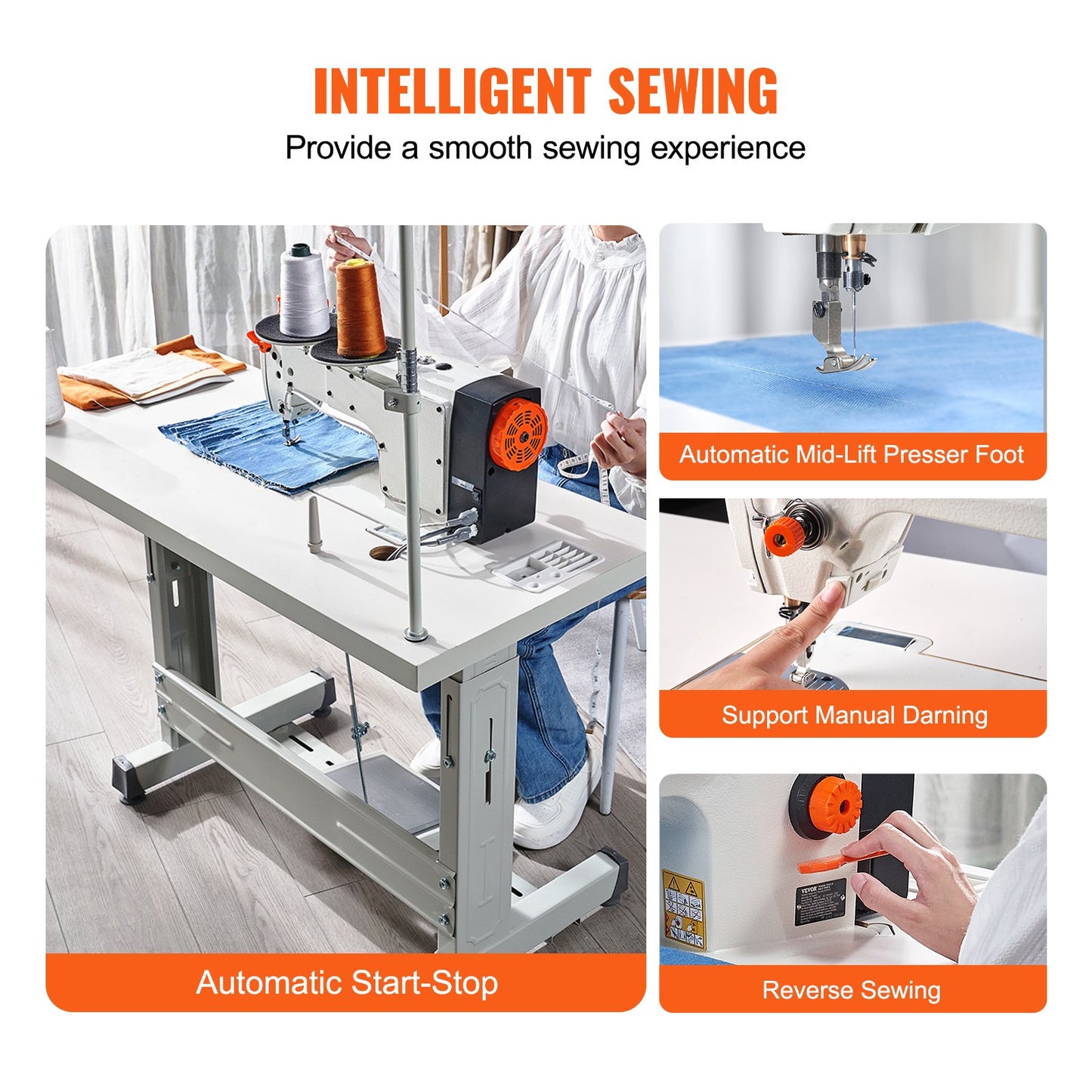 Industrial Sewing Machine, Upgraded 550W Servo Motor with Table Stand, 5000s.p.m Heavy Duty Lockstitch Sewing Machine, High Speed, Clear Control Panel and Electro-mechanization Start-stop
