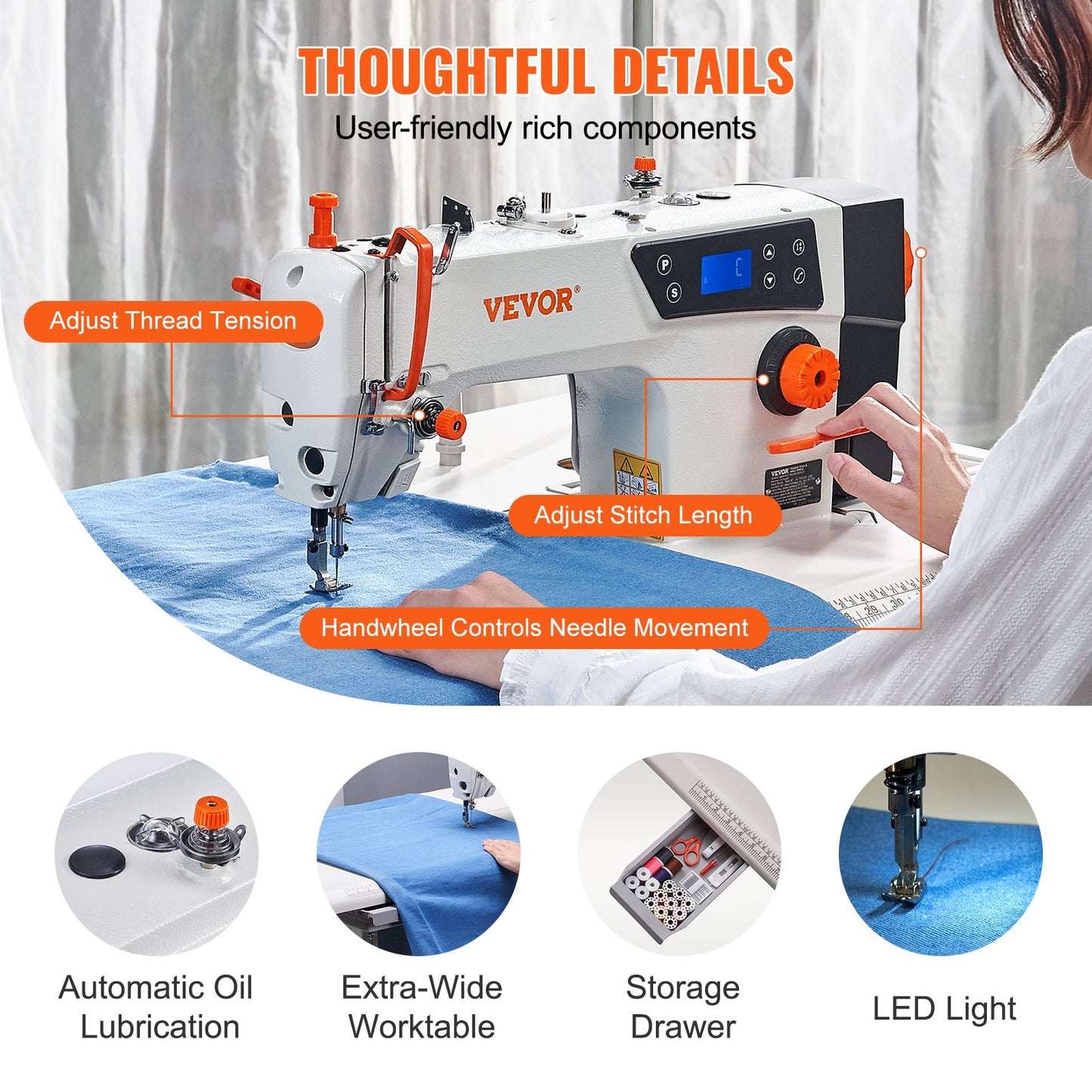 Industrial Sewing Machine, Upgraded 550W Servo Motor with Table Stand, 5000s.p.m Heavy Duty Lockstitch Sewing Machine, High Speed, Clear Control Panel and Electro-mechanization Start-stop