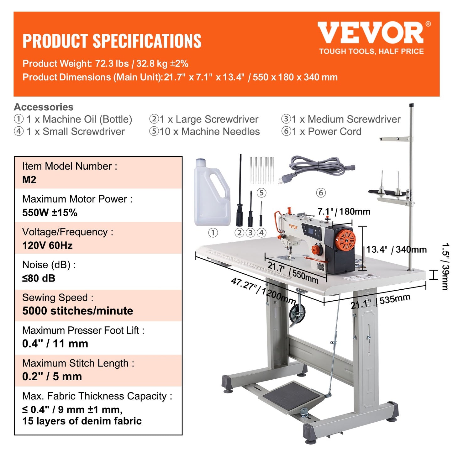 Industrial Sewing Machine, Upgraded 550W Servo Motor with Table Stand, 5000s.p.m Heavy Duty Lockstitch Sewing Machine, High Speed, Clear Control Panel and Electro-mechanization Start-stop