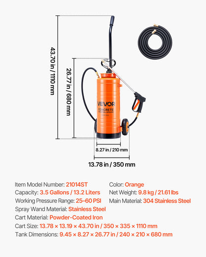 Industrial Concrete Sprayer with Wheeled Cart, 3.5 Gallon Stainless Steel Sprayer, Heavy Duty Tri-Poxy Pump Sprayers, 20.5"Wand, 48" & 120"Hoses, 2 Brass Nozzles for Construction, Lawn & Garden
