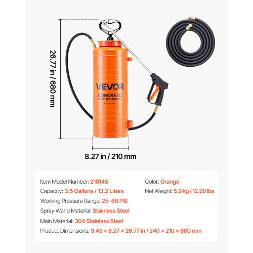 Industriell Betongspruta, 14L Rostfri Spruta, Kraftiga Tri-Poxy Pumpsprutor, 52cm Skaft med Ergonomiskt Sprutpistolhandtag, 1,2m & 3m Slangar, 2 Mässingsmunstycken för Bygg, Trädgård |  EU