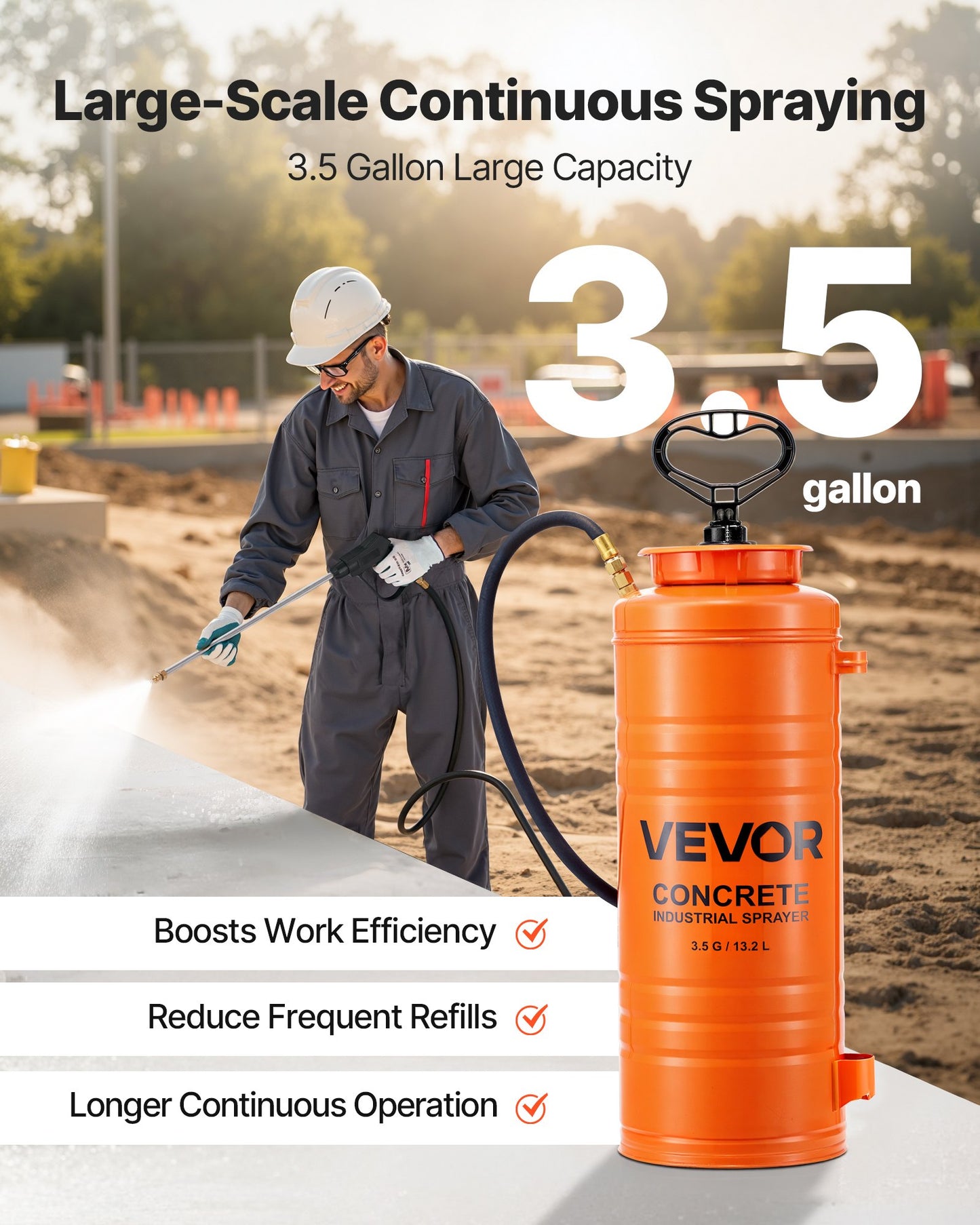Industrial Concrete Sprayer, 3.5 Gallon Stainless Steel Sprayer, Heavy Duty Tri-Poxy Pump Sprayers, 20.5"Wand with Ergonomic Gun Handle, 48"& 120"Hose, 2 Brass Nozzles for Construction, Garden