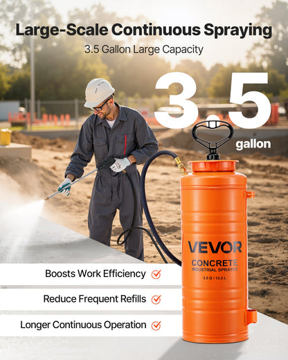 Industrial Concrete Sprayer, 3.5 Gallon Stainless Steel Sprayer, Heavy Duty Tri-Poxy Pump Sprayers, 20.5"Wand with Ergonomic Gun Handle, 48"& 120"Hose, 2 Brass Nozzles for Construction, Garden