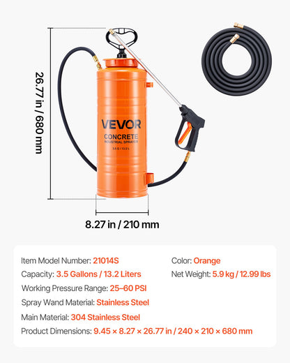 Industrial Concrete Sprayer, 3.5 Gallon Stainless Steel Sprayer, Heavy Duty Tri-Poxy Pump Sprayers, 20.5"Wand with Ergonomic Gun Handle, 48"& 120"Hose, 2 Brass Nozzles for Construction, Garden