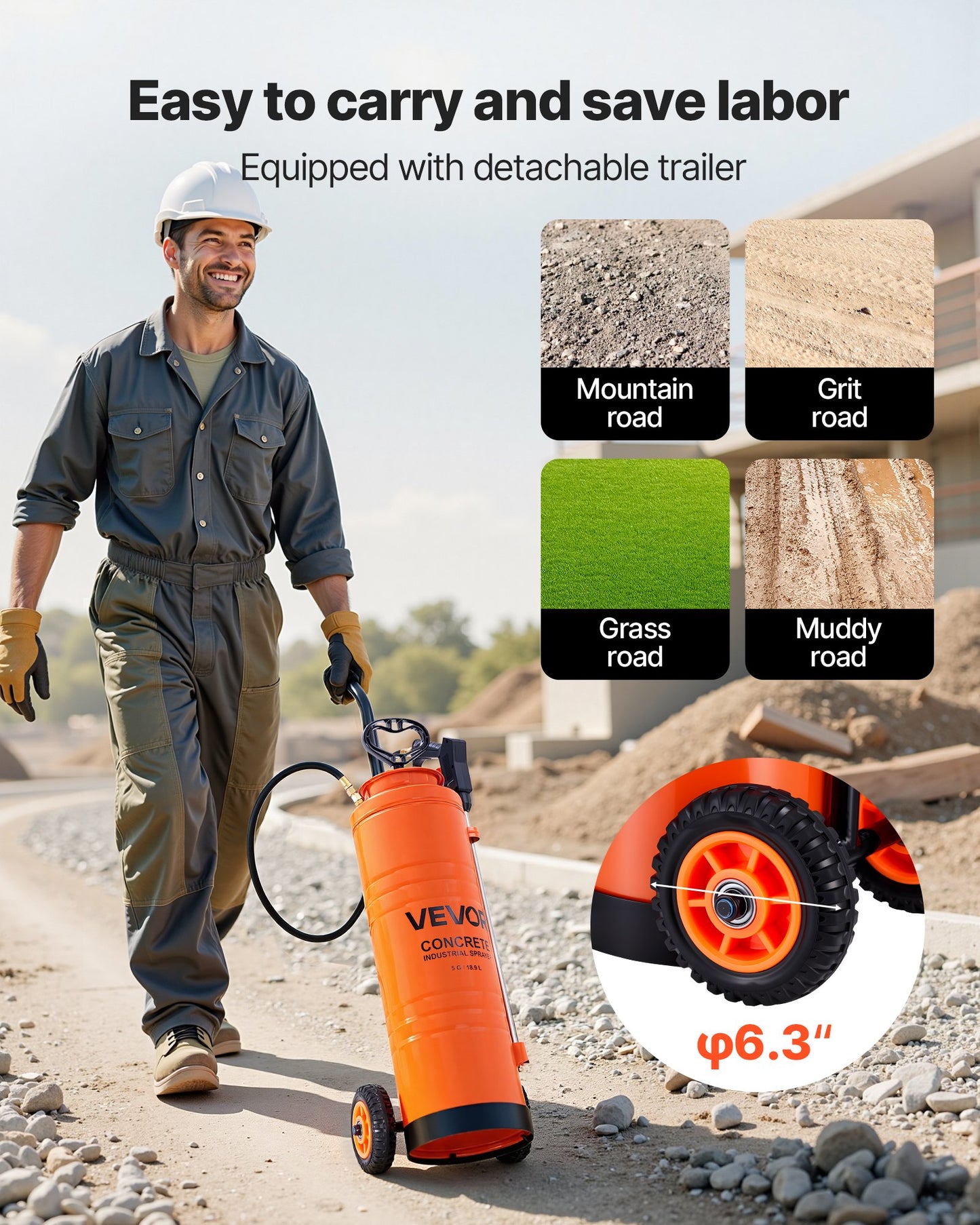 Industrial Concrete Sprayer with Wheeled Cart, 5 Gallon Stainless Steel Sprayer, Heavy Duty Tri-Poxy Pump Sprayers, 20.5''Wand, 48" & 120" Hoses, 2 Brass Nozzles for Construction, Lawn & Garden