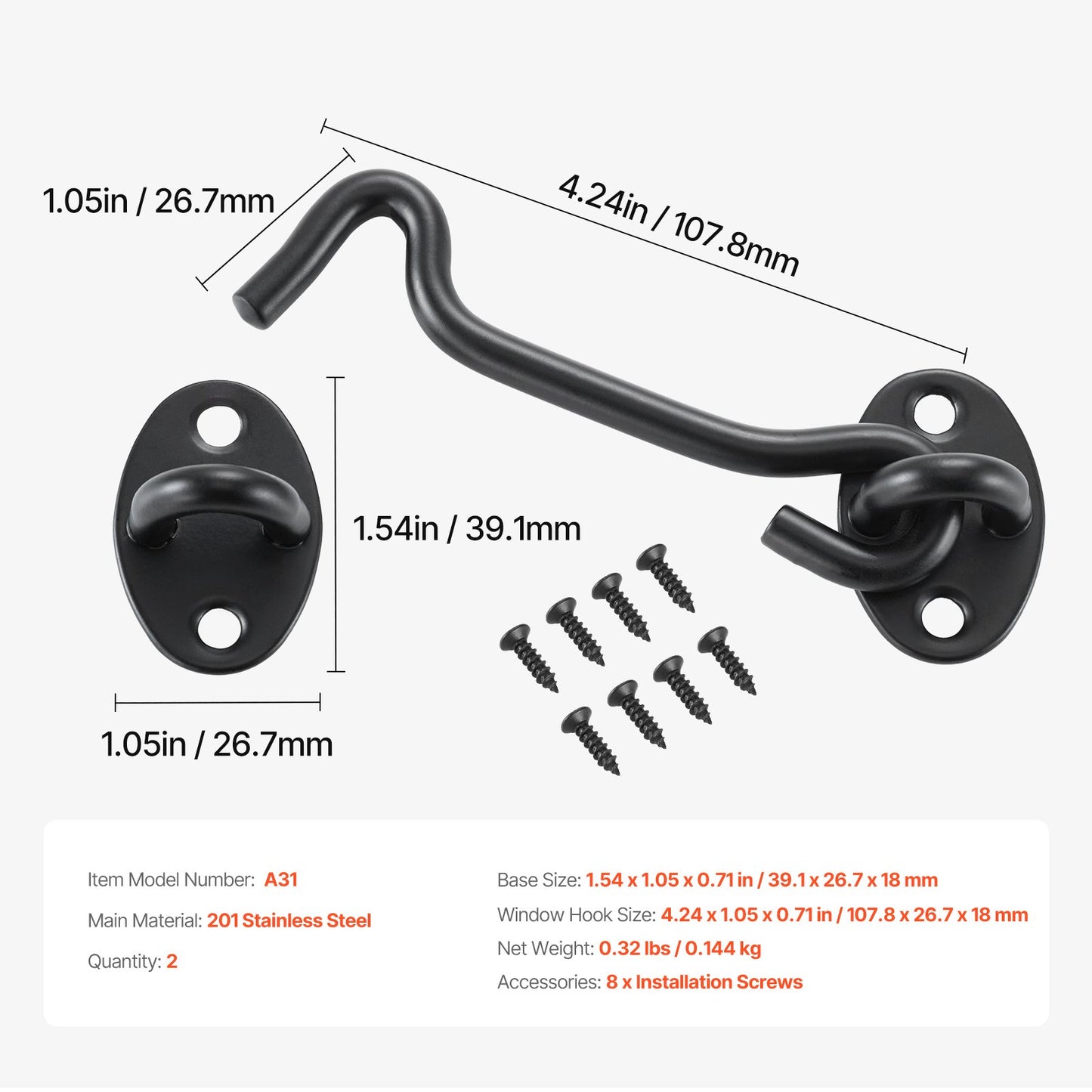 Hook and Eye Gate Latch, 2 Pack Barn Door Latch Hook with Mounting Screws, Stainless Steel Hook and Eye Latch, Hook Lock for Sliding Barn Door, Cabinet, Window, Gate, Fence, Bathroom, Black