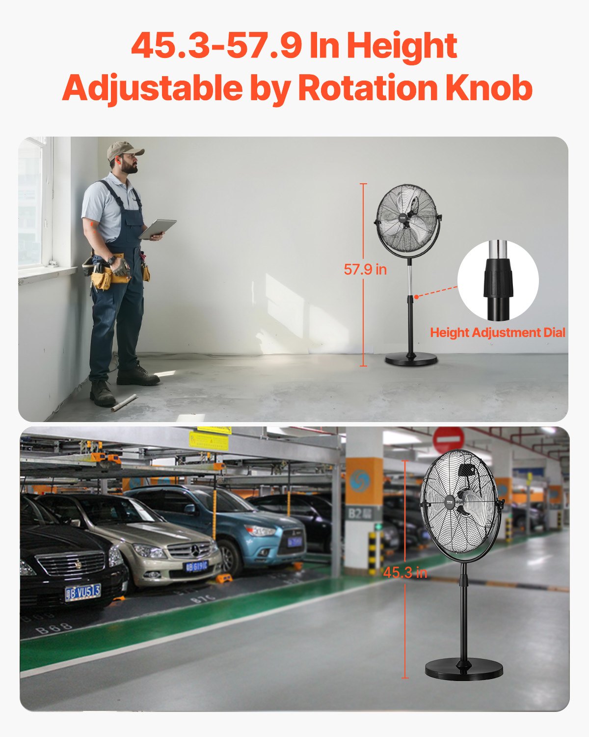 Industrial Pedestal Fan, 18 Inch Standing Fan with 45.3 to 57.9 Inches Adjustable Height, Floor Fans with 3 Adjustable Speeds, High Power Fans for Warehouse,Garage,Commercial,Residential, Black