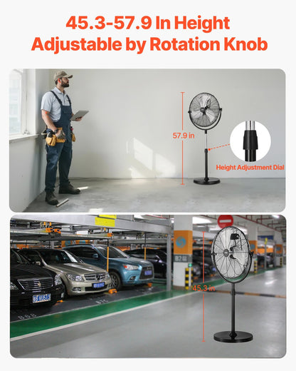 Industrial Pedestal Fan, 18 Inch Standing Fan with 45.3 to 57.9 Inches Adjustable Height, Floor Fans with 3 Adjustable Speeds, High Power Fans for Warehouse,Garage,Commercial,Residential, Black