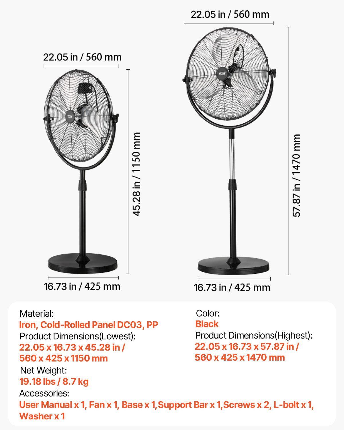 Industrial Pedestal Fan, 18 Inch Standing Fan with 45.3 to 57.9 Inches Adjustable Height, Floor Fans with 3 Adjustable Speeds, High Power Fans for Warehouse,Garage,Commercial,Residential, Black