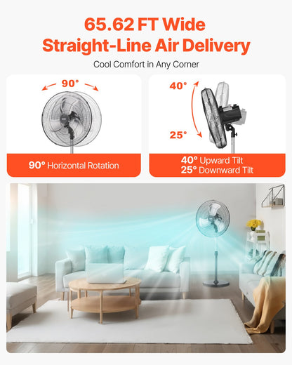 Industrial Pedestal Fan, 18 Inch 90-Degree Oscillating Fan, Height Adjustable Standing Fans with 3 Adjustable Speeds, High Power Fans for Warehouse,Garage,Commercial,Residential, Black