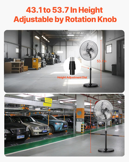 Industrial Pedestal Fan, 18 Inch 90-Degree Oscillating Fan, Height Adjustable Standing Fans with 3 Adjustable Speeds, High Power Fans for Warehouse,Garage,Commercial,Residential, Black