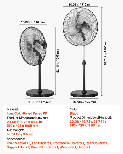 Industrial Pedestal Fan, 18 Inch 90-Degree Oscillating Fan, Height Adjustable Standing Fans with 3 Adjustable Speeds, High Power Fans for Warehouse,Garage,Commercial,Residential, Black