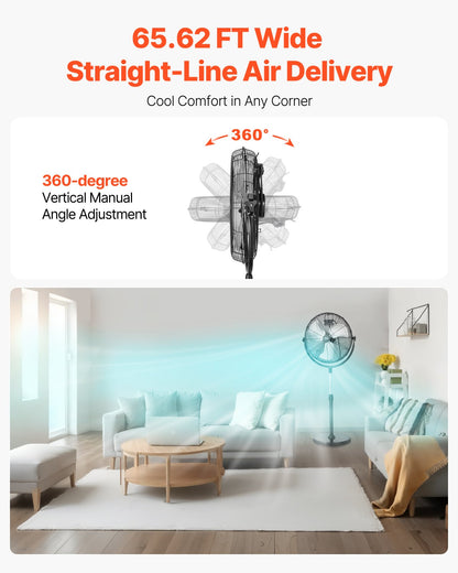 Industrial Pedestal Fan, 20 Inch Standing Fan with 46.9 to 59.6 Inches Adjustable Height, Floor Fans with 3 Adjustable Speeds, High Power Fans for Warehouse,Garage,Commercial,Residential, Black