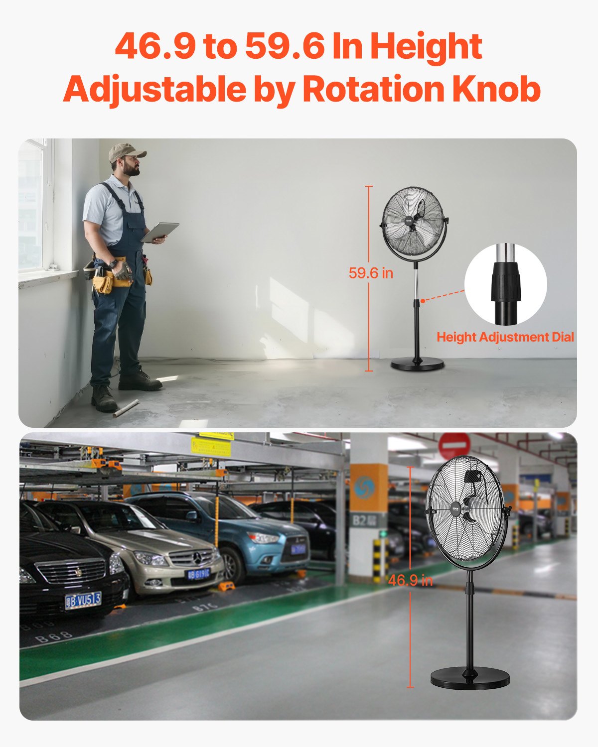 Industrial Pedestal Fan, 20 Inch Standing Fan with 46.9 to 59.6 Inches Adjustable Height, Floor Fans with 3 Adjustable Speeds, High Power Fans for Warehouse,Garage,Commercial,Residential, Black