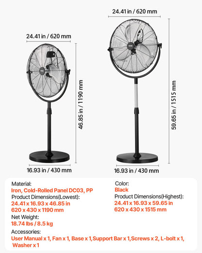 Industrial Pedestal Fan, 20 Inch Standing Fan with 46.9 to 59.6 Inches Adjustable Height, Floor Fans with 3 Adjustable Speeds, High Power Fans for Warehouse,Garage,Commercial,Residential, Black