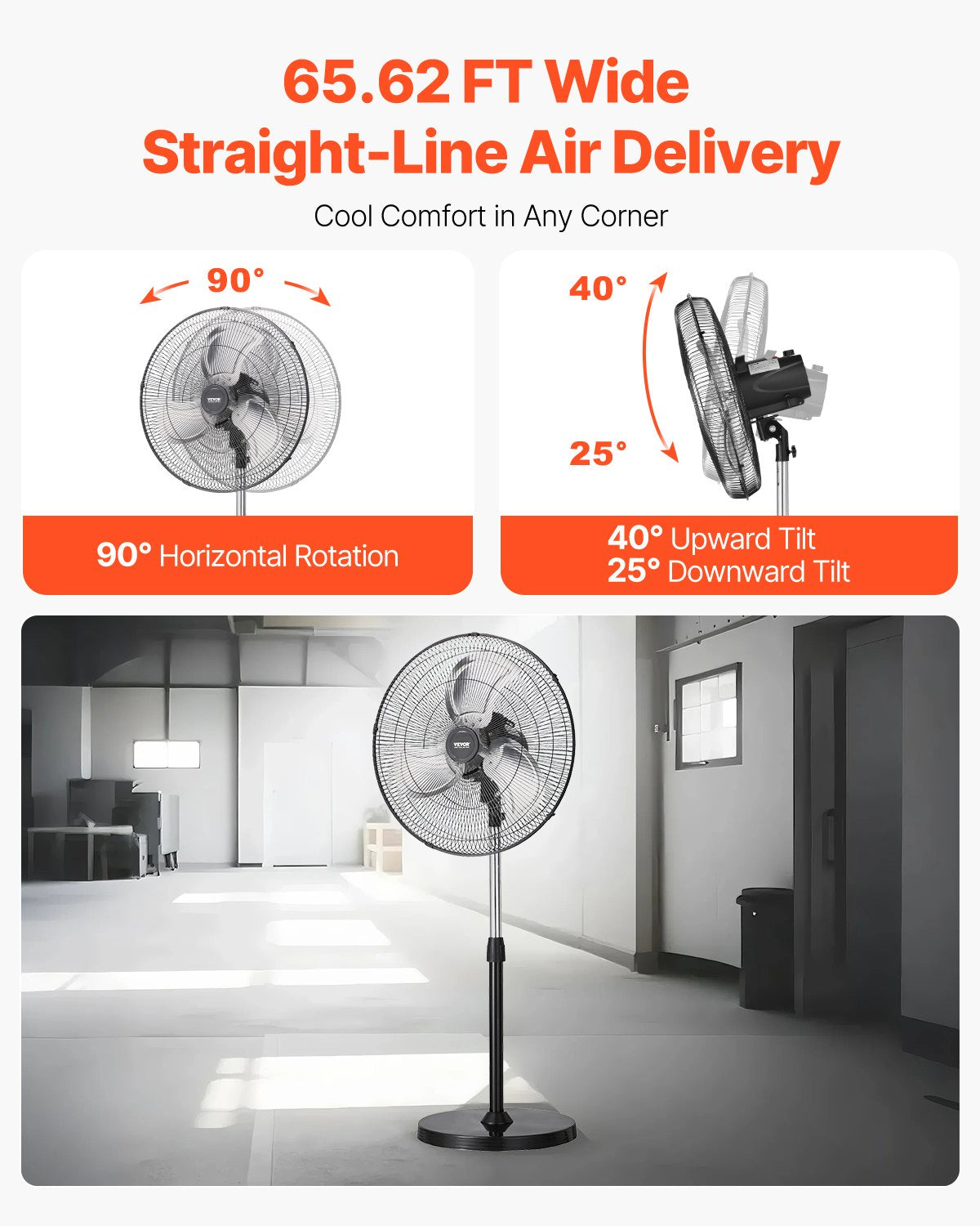 Industrial Pedestal Fan, 20 Inch 90-Degree Oscillating Fan, Height Adjustable Standing Fans with 3 Adjustable Speeds, High Power Fans for Warehouse,Garage,Commercial, Black