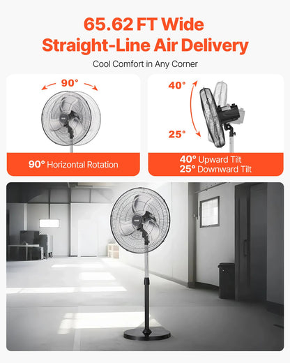 Industrial Pedestal Fan, 20 Inch 90-Degree Oscillating Fan, Height Adjustable Standing Fans with 3 Adjustable Speeds, High Power Fans for Warehouse,Garage,Commercial, Black