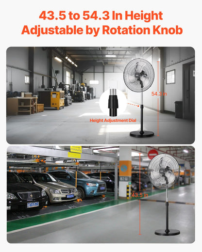 Industrial Pedestal Fan, 20 Inch 90-Degree Oscillating Fan, Height Adjustable Standing Fans with 3 Adjustable Speeds, High Power Fans for Warehouse,Garage,Commercial, Black