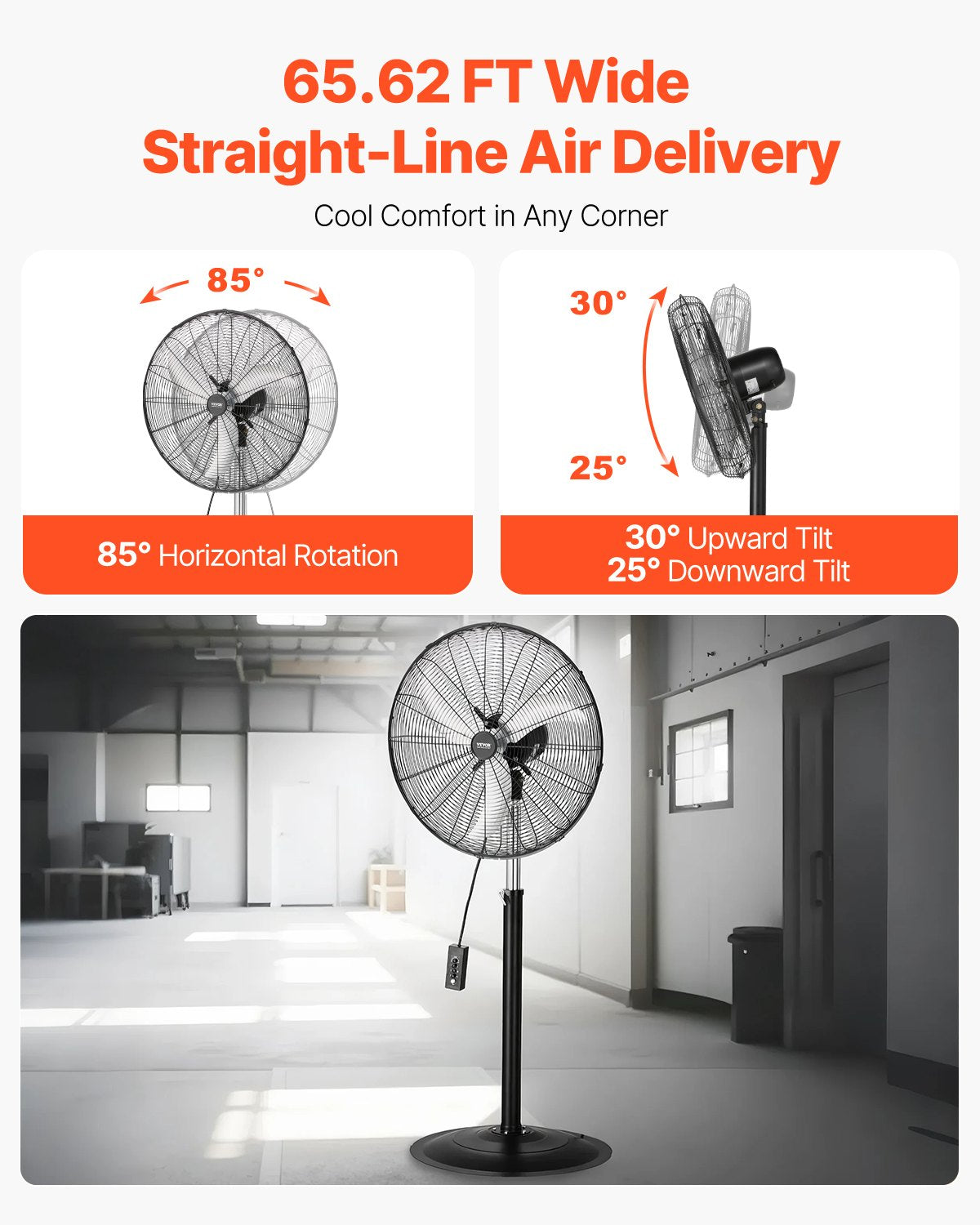 Industrial Pedestal Fan, 24 Inch 85-Degree Oscillating Fan, Height Adjustable Standing Fans with 3 Adjustable Speeds, High Power Fans for Warehouse,Garage,Commercial, Black