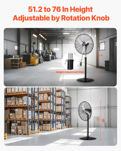 Industrial Pedestal Fan, 24 Inch 85-Degree Oscillating Fan, Height Adjustable Standing Fans with 3 Adjustable Speeds, High Power Fans for Warehouse,Garage,Commercial, Black