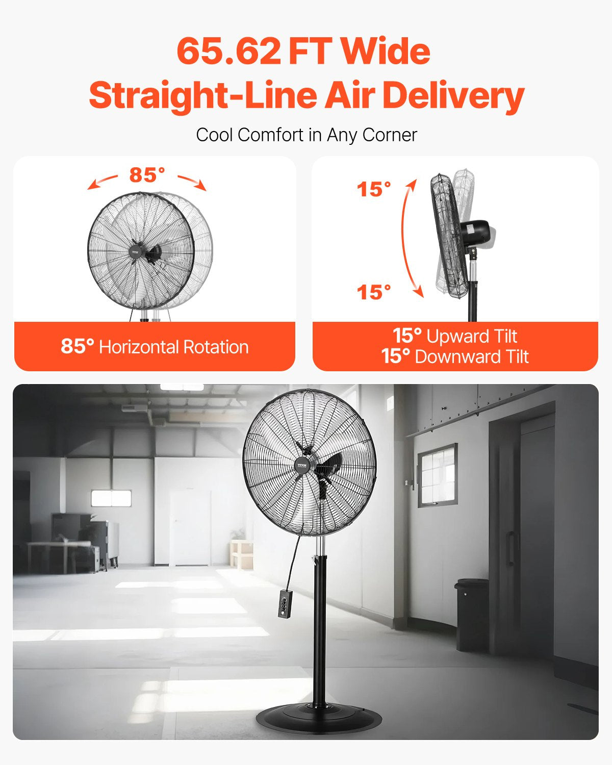 Industrial Pedestal Fan, 30 Inch 85-Degree Oscillating Fan, Height Adjustable Standing Fans with 3 Adjustable Speeds, High Power Fans for Warehouse,Garage,Commercial, Black