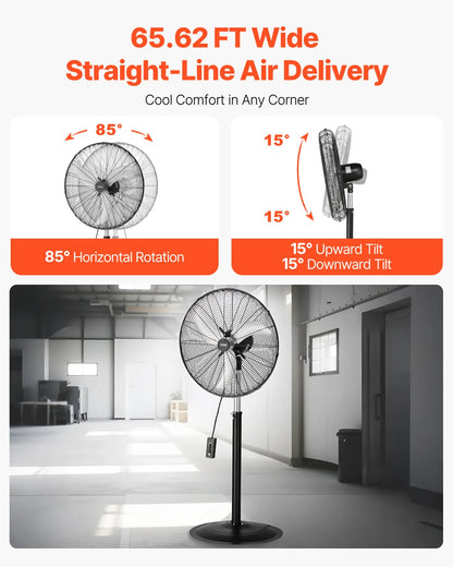 Industrial Pedestal Fan, 30 Inch 85-Degree Oscillating Fan, Height Adjustable Standing Fans with 3 Adjustable Speeds, High Power Fans for Warehouse,Garage,Commercial, Black