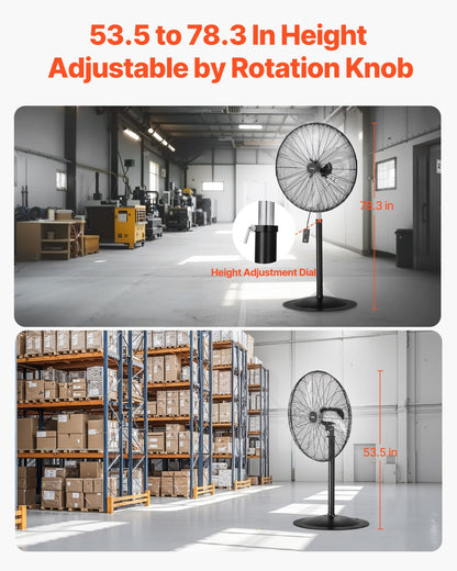 Industrial Pedestal Fan, 30 Inch 85-Degree Oscillating Fan, Height Adjustable Standing Fans with 3 Adjustable Speeds, High Power Fans for Warehouse,Garage,Commercial, Black