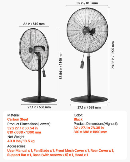 Industrial Pedestal Fan, 30 Inch 85-Degree Oscillating Fan, Height Adjustable Standing Fans with 3 Adjustable Speeds, High Power Fans for Warehouse,Garage,Commercial, Black