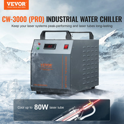 Industriell vattenkylare CW-3000(PRO), 150W luftkyld industrivattenkylningssystem med 12L vattentank, 18L/min Max flödeshastighet, för kylmaskin för lasergraveringsmaskin