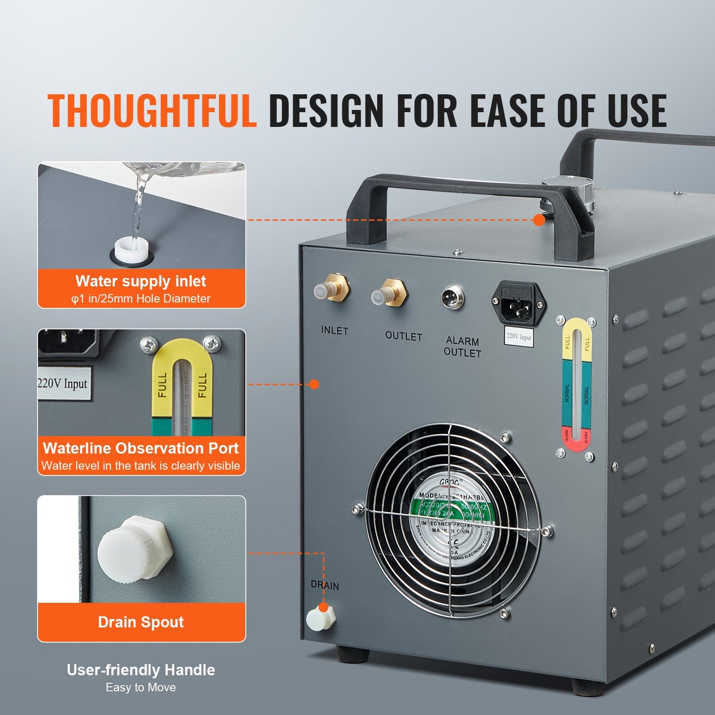 Industriell vattenkylare CW-3000(PRO), 150W luftkyld industrivattenkylningssystem med 12L vattentank, 18L/min Max flödeshastighet, för kylmaskin för lasergraveringsmaskin