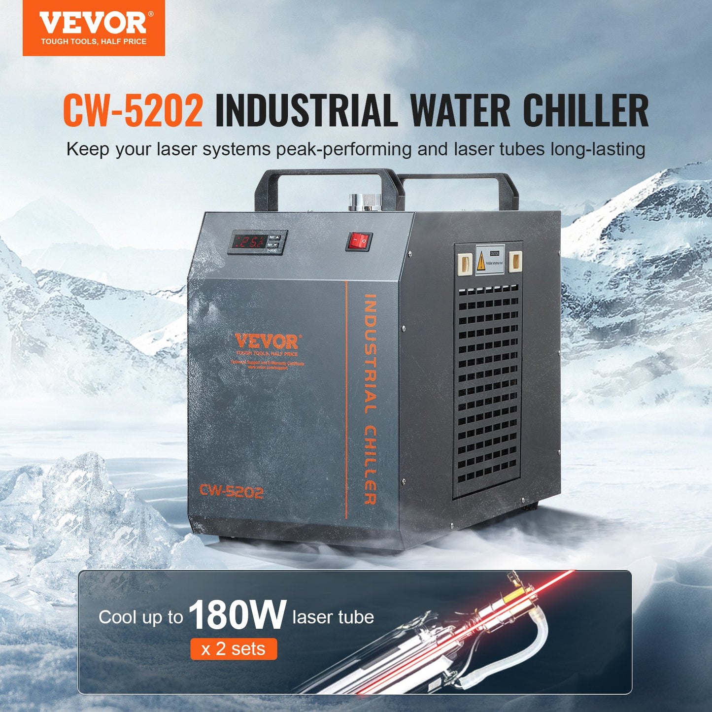 Industriell vattenkylare, CW-5202, vattenkylare kylsystem med inbyggd kompressor, 7L vattentankkapacitet, 18L/min Max. Flödeshastighet, för kylmaskin för CO2-lasergraveringsmaskin