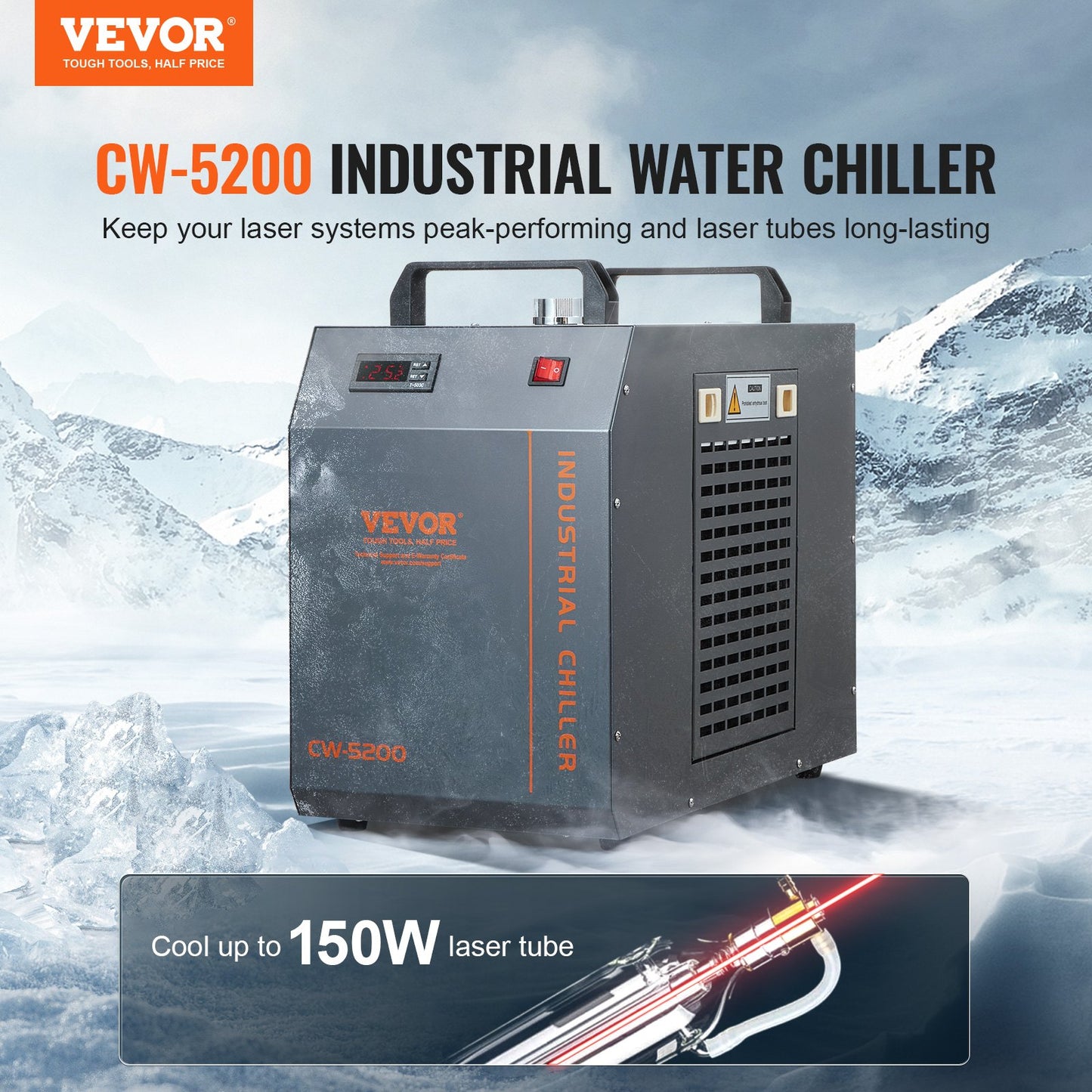 Industrial Water Chiller CW-5200 Water Chiller Kylsystem med inbyggd kompressor med 7L vattentankkapacitet, 13L/min Max flödeshastighet, för CO2-lasergraveringsmaskin kylmaskin