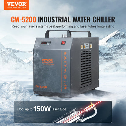 Industrial Water Chiller CW-5200 Water Chiller Kylsystem med inbyggd kompressor med 7L vattentankkapacitet, 13L/min Max flödeshastighet, för CO2-lasergraveringsmaskin kylmaskin