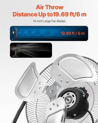 Floor Fan, 3 Speeds High Velocity Heavy Duty 14 Inch Industrial Fan, 2560 CFM 360° Adjustable Tilt 19.69 ft/sec Airflow Large Metal Fan, for Home, Gym, Office, Garage, Commercial Shop & Bedroom