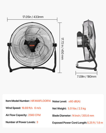 Floor Fan, 3 Speeds High Velocity Heavy Duty 14 Inch Industrial Fan, 2560 CFM 360° Adjustable Tilt 19.69 ft/sec Airflow Large Metal Fan, for Home, Gym, Office, Garage, Commercial Shop & Bedroom