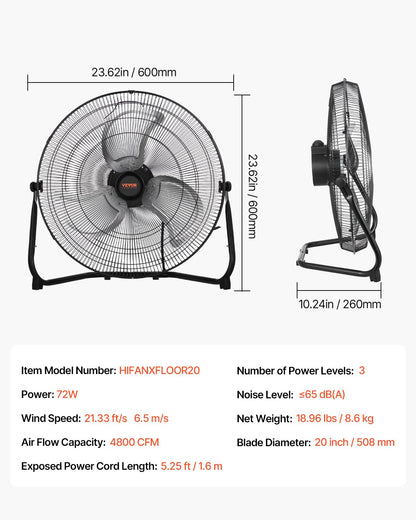 Floor Fan, 3 Speeds High Velocity Heavy Duty 20 Inch Industrial Fan, 4800 CFM 360° Adjustable Tilt 21.33 ft/sec Airflow Large Metal Fan, for Home, Gym, Office, Garage, Commercial Shop & Bedroom