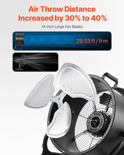 Floor Fan, 3 Speeds High Velocity Heavy Duty 14 Inch Industrial Fan, 2520 CFM 360° Adjustable Tilt 23.62 ft/sec Airflow Large Metal Fan, for Home, Gym, Office, Garage, Commercial Shop & Bedroom