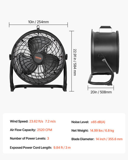 Floor Fan, 3 Speeds High Velocity Heavy Duty 14 Inch Industrial Fan, 2520 CFM 360° Adjustable Tilt 23.62 ft/sec Airflow Large Metal Fan, for Home, Gym, Office, Garage, Commercial Shop & Bedroom