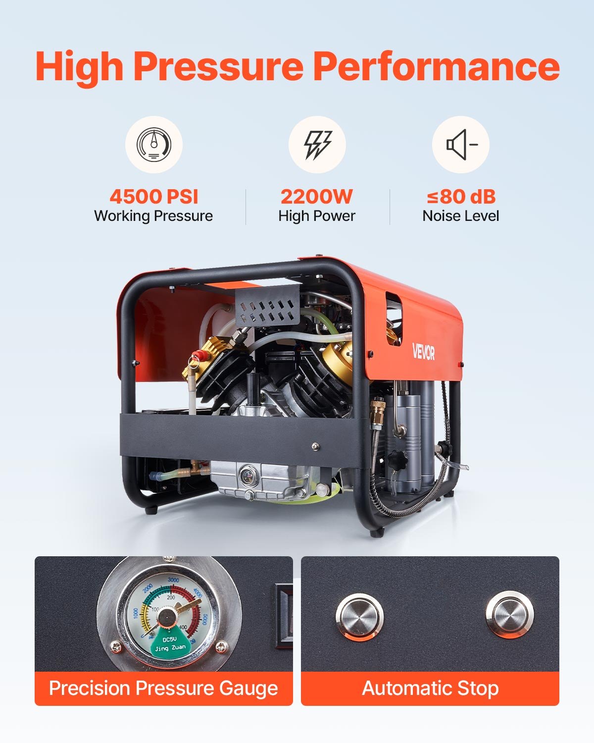 PCP Air Compressor, 4500PSI/30Mpa Diving Scuba Tank Air Compressor, Double Cylinder Auto-Stop PCP Diving Compressor with Built-in Water & Fan Cooling System for Paintball, Air Rifle, Scuba Tanks